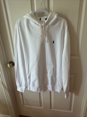 Ralph Lauren White Hooded Sweatshirt with Navy Polo Logo Sz L.  Box24